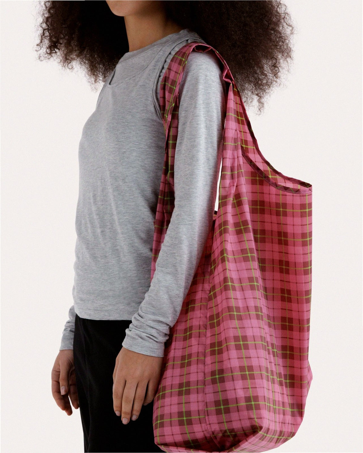 Big Baggu Reusable Nylon Shopping Bag - Azalea Pink Tartan