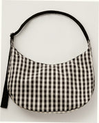 Large Nylon Crescent Shoulder Bag - Black And Cream Gingham