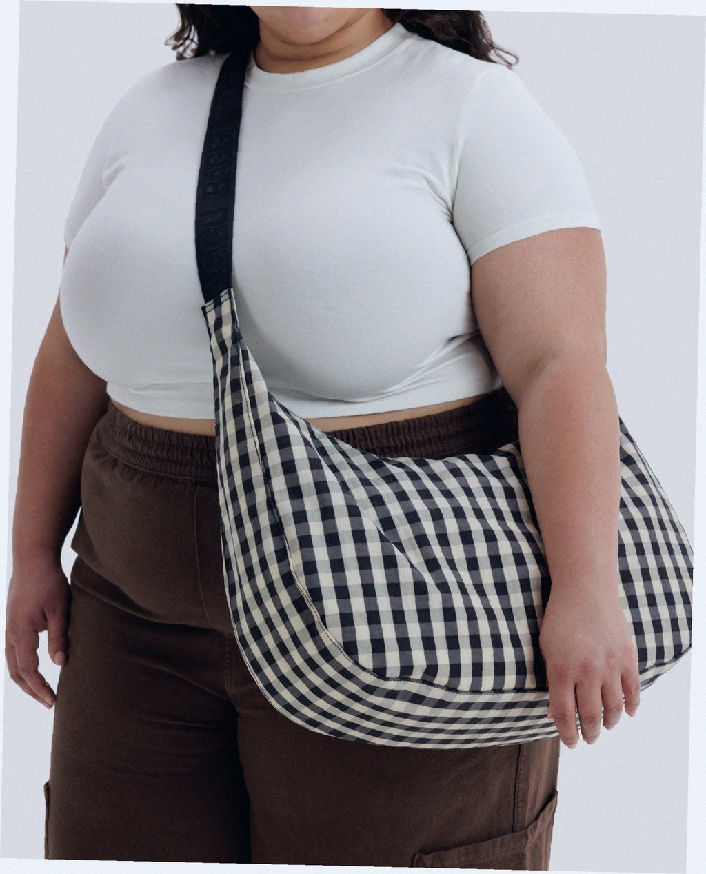 Large Nylon Crescent Shoulder Bag - Black And Cream Gingham