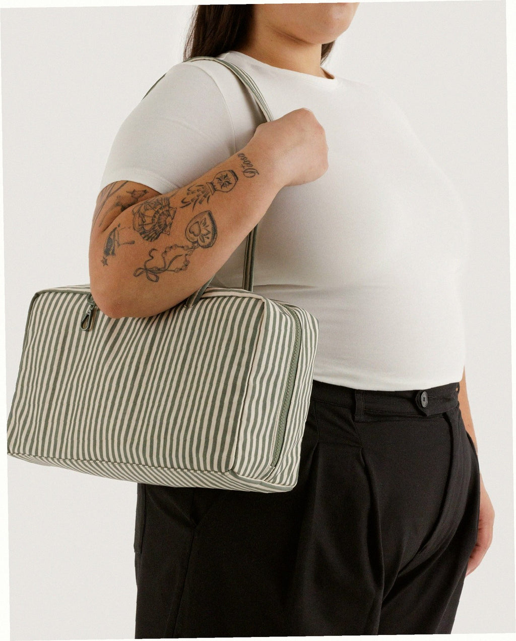 Medium Nylon Bowler Bag - Sage Stripe