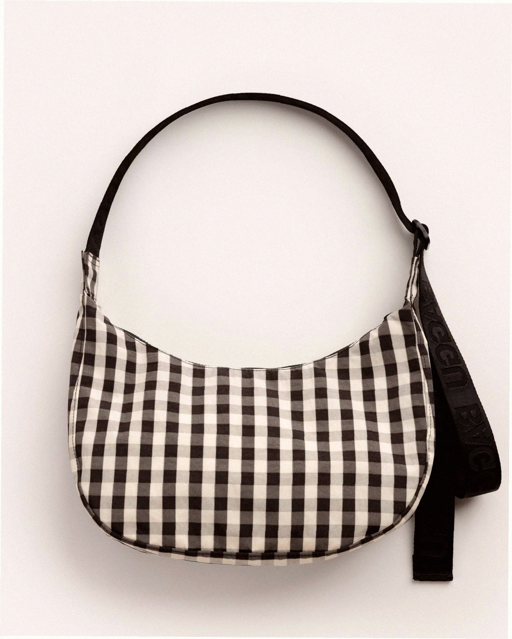 Medium Nylon Crescent Shoulder Bag - Black And Cream Gingham