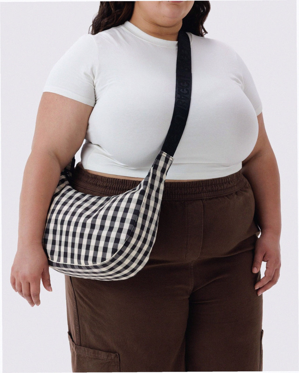 Medium Nylon Crescent Shoulder Bag - Black And Cream Gingham