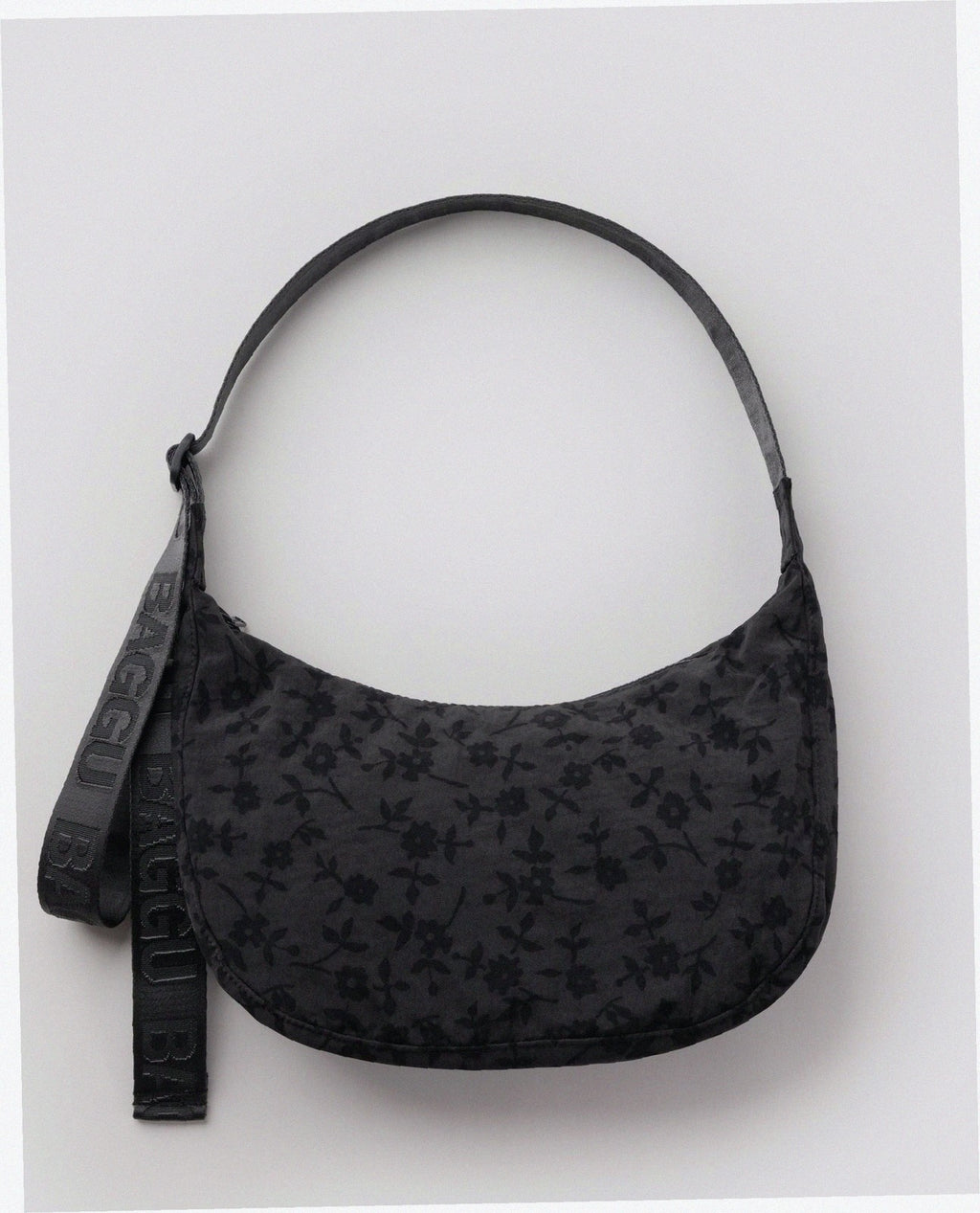 Medium Nylon Crescent Shoulder Bag - Charcoal Ditsy Floral