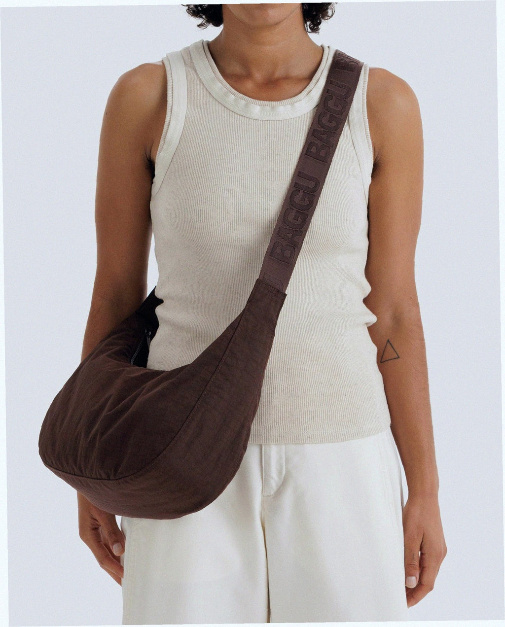 Medium Nylon Crescent Shoulder Bag - Coffee