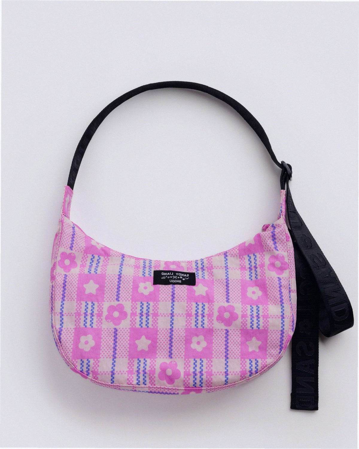 Medium Nylon Crescent Shoulder Bag - Market Plaid Pink