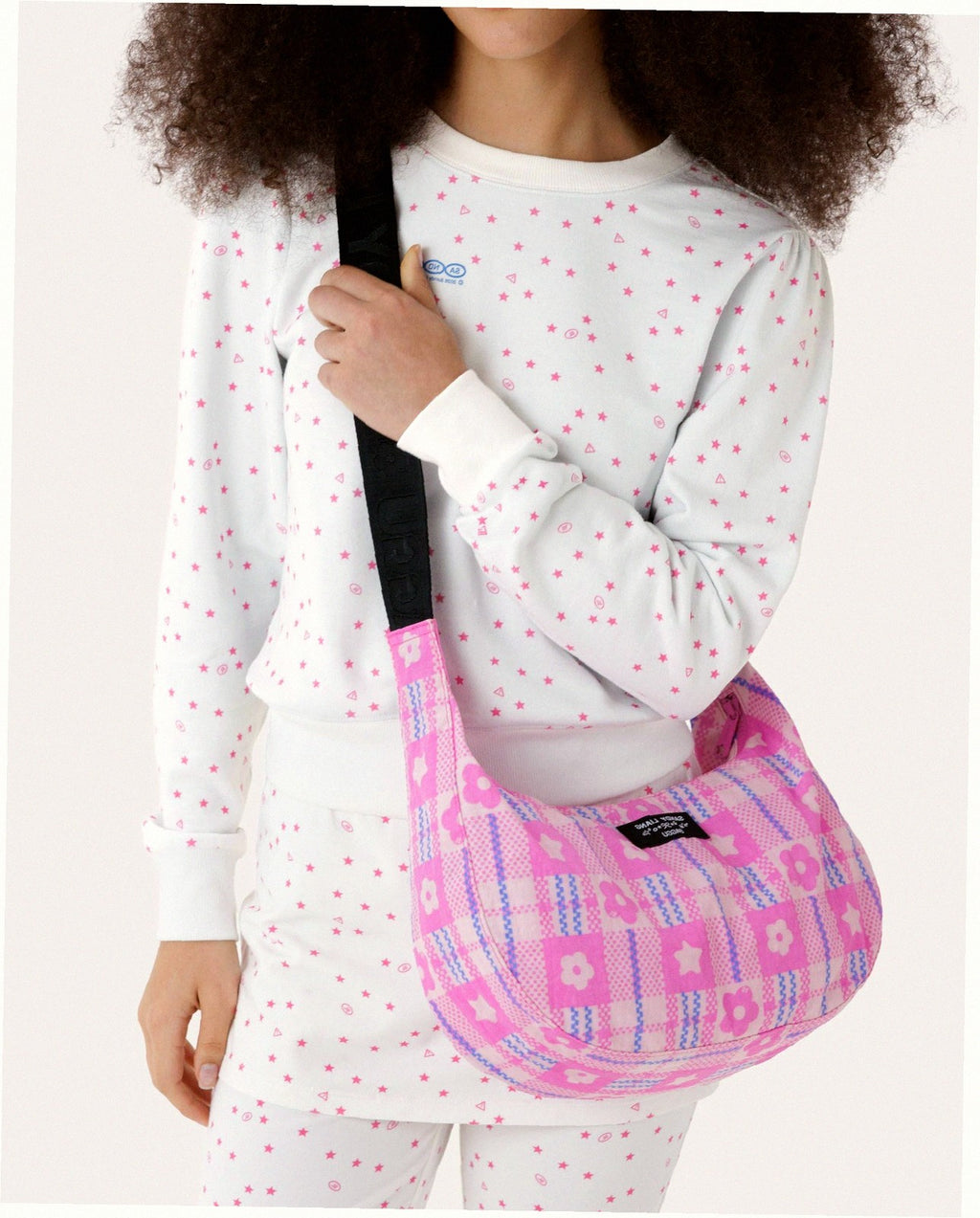 Medium Nylon Crescent Shoulder Bag - Market Plaid Pink