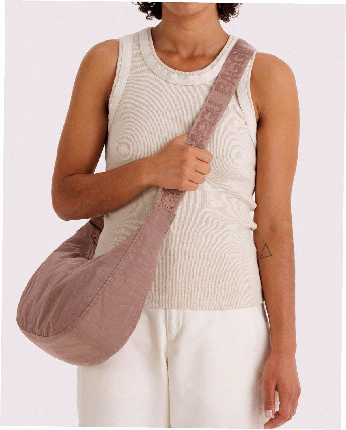 Medium Nylon Crescent Shoulder Bag - Toasted Almond