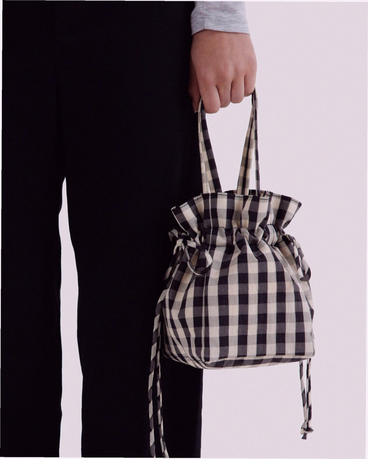 Nylon Drawstring Bag - Black And Cream Gingham