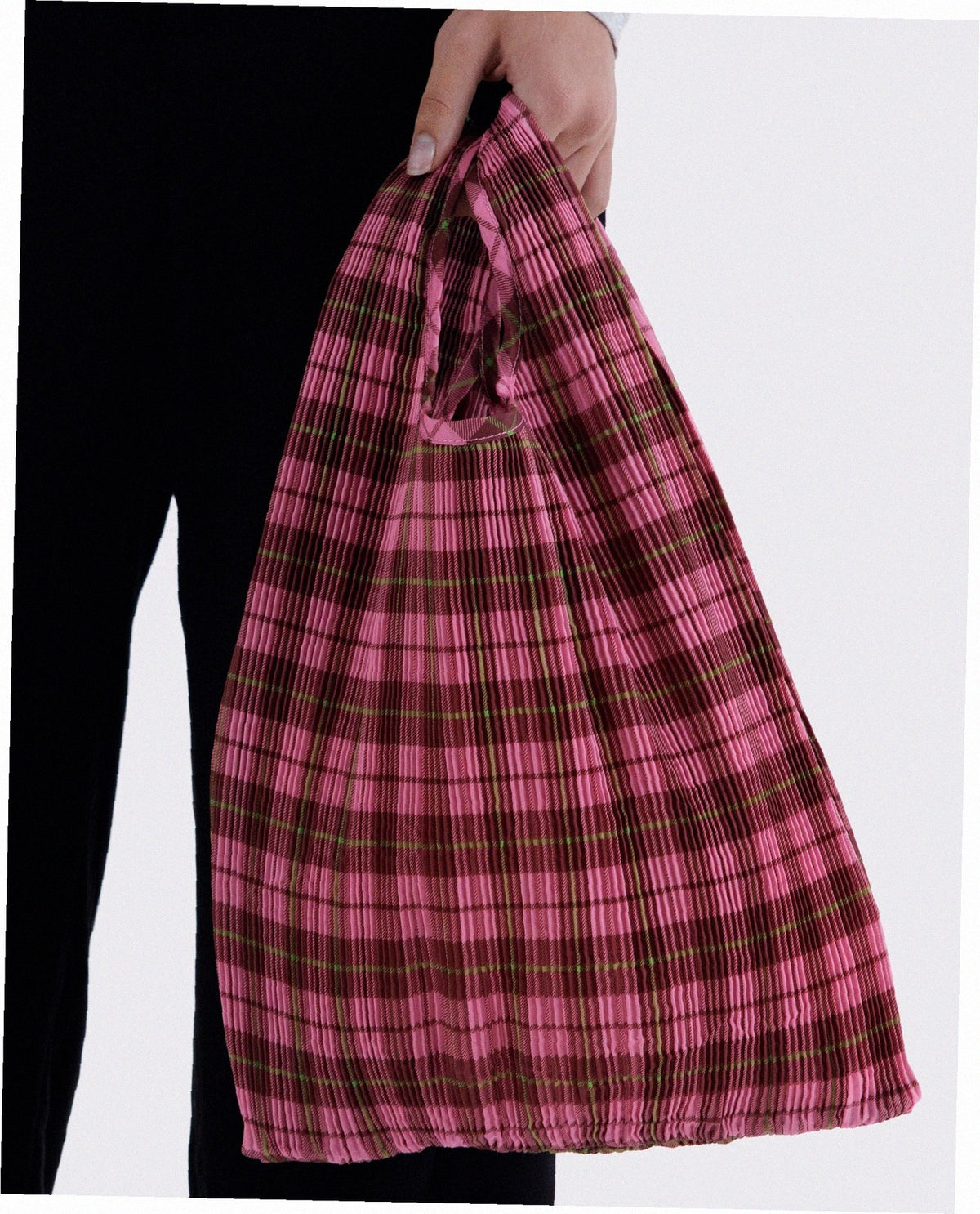 Pleated Baggu Reusable Bag - Azalea Pink Tartan