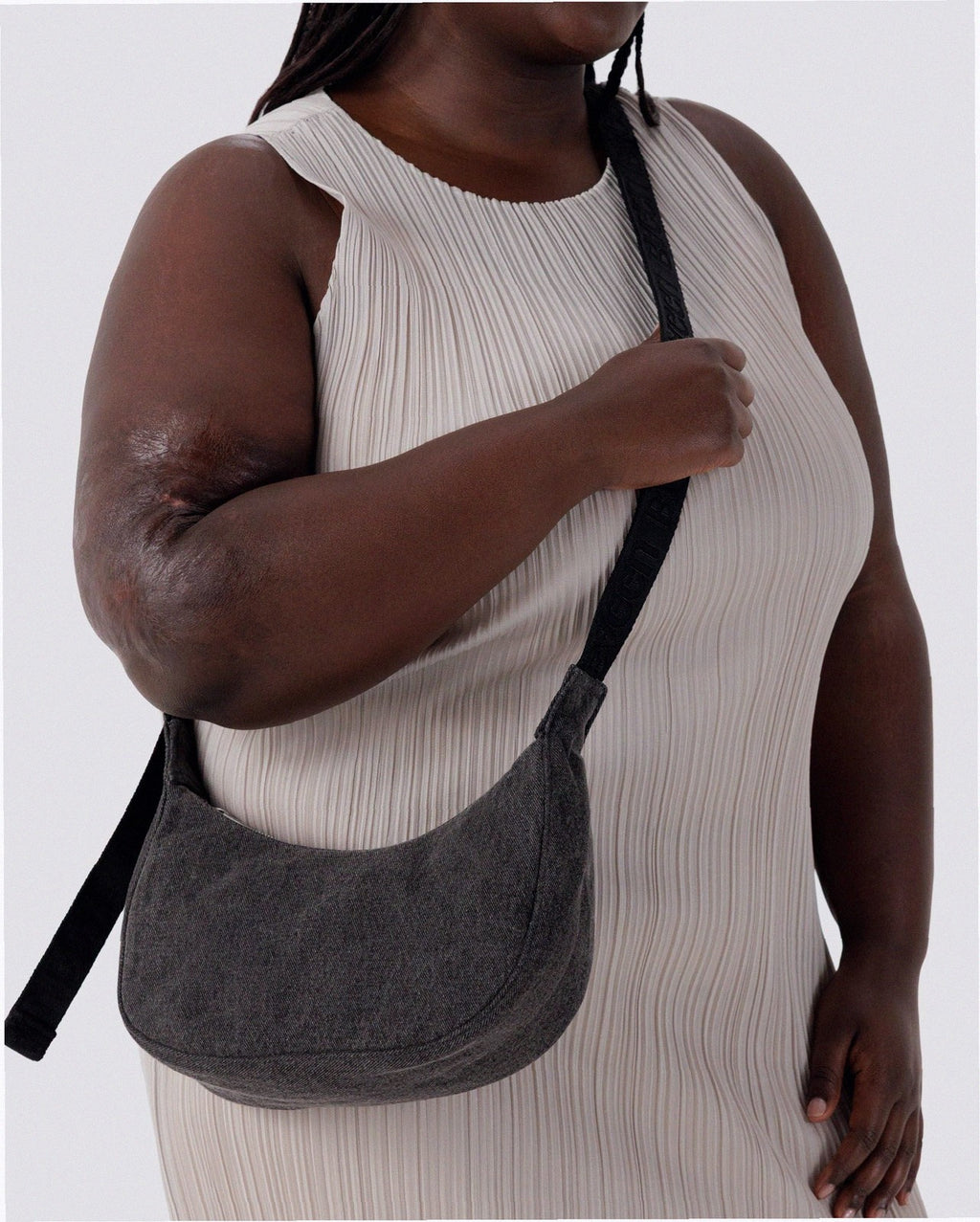 Small Denim Crescent Bag - Washed Black Denim