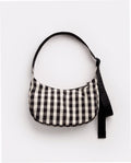 Small Nylon Crescent Shoulder Bag - Black And Cream Gingham