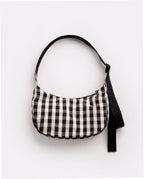 Small Nylon Crescent Shoulder Bag - Black And Cream Gingham