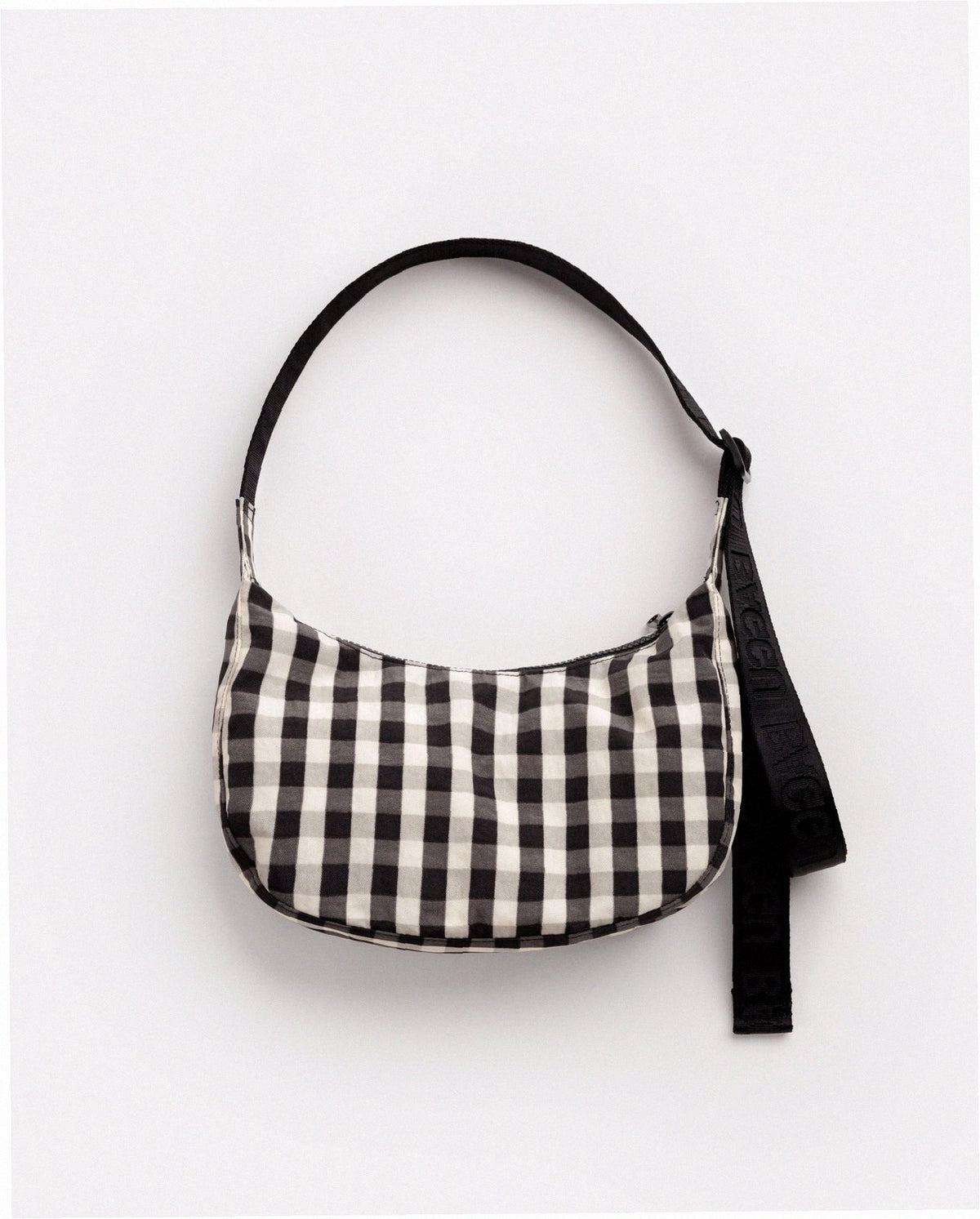 Small Nylon Crescent Shoulder Bag - Black And Cream Gingham