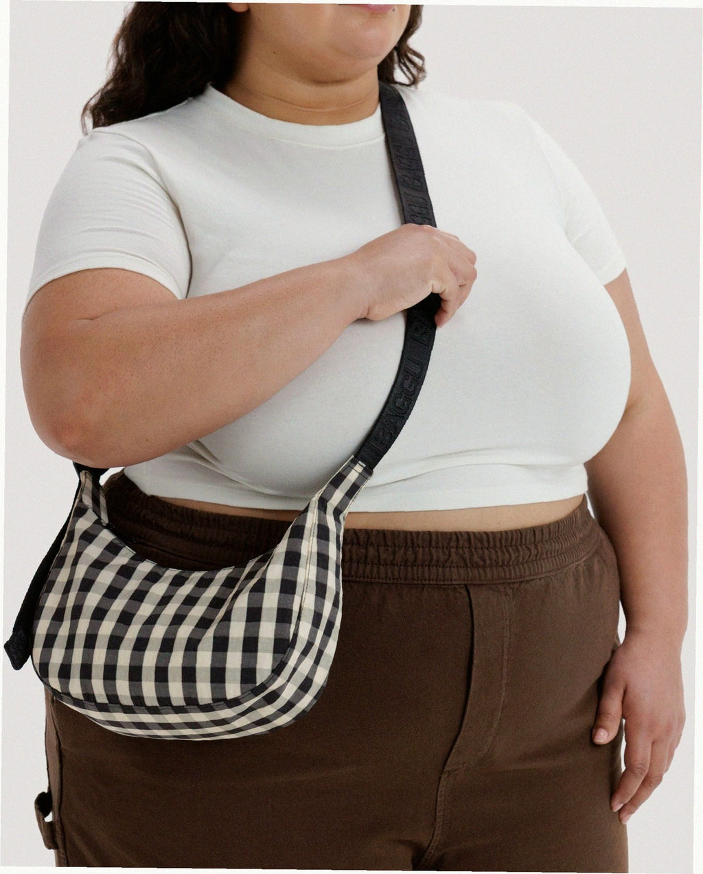 Small Nylon Crescent Shoulder Bag - Black And Cream Gingham