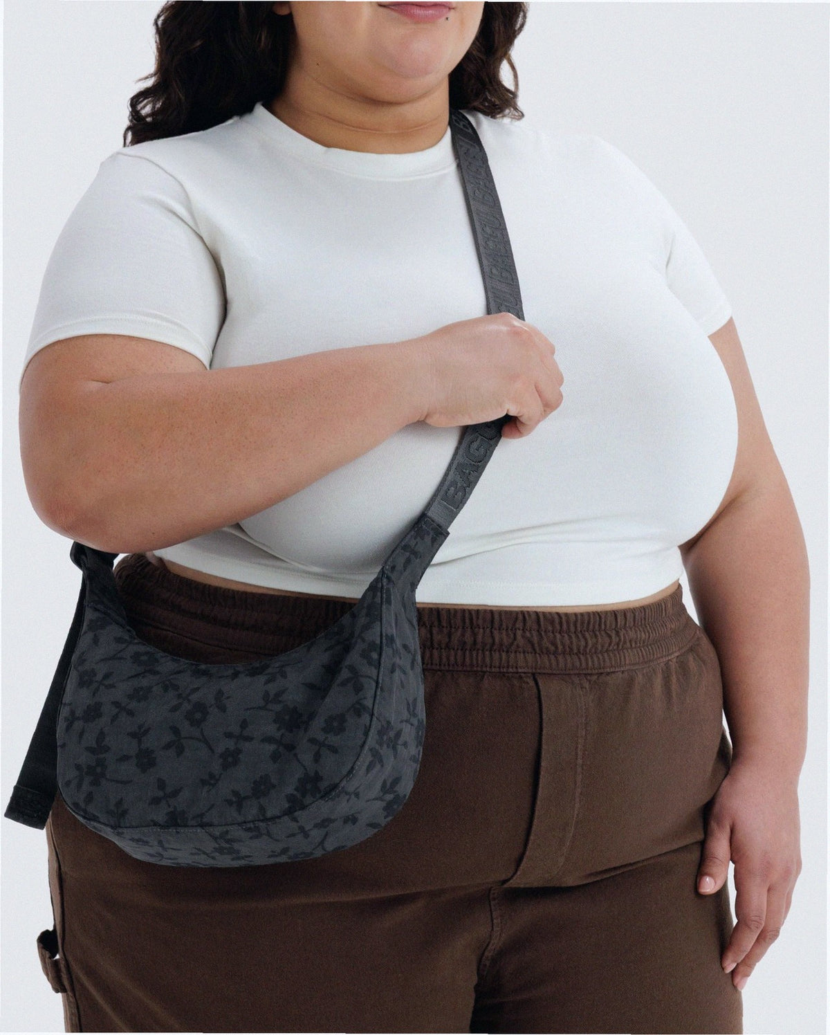 Small Nylon Crescent Shoulder Bag - Charcoal Ditsy Floral