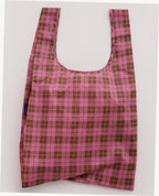 Reusable Nylon Baggu Tote Bag - Azalea Pink Tartan