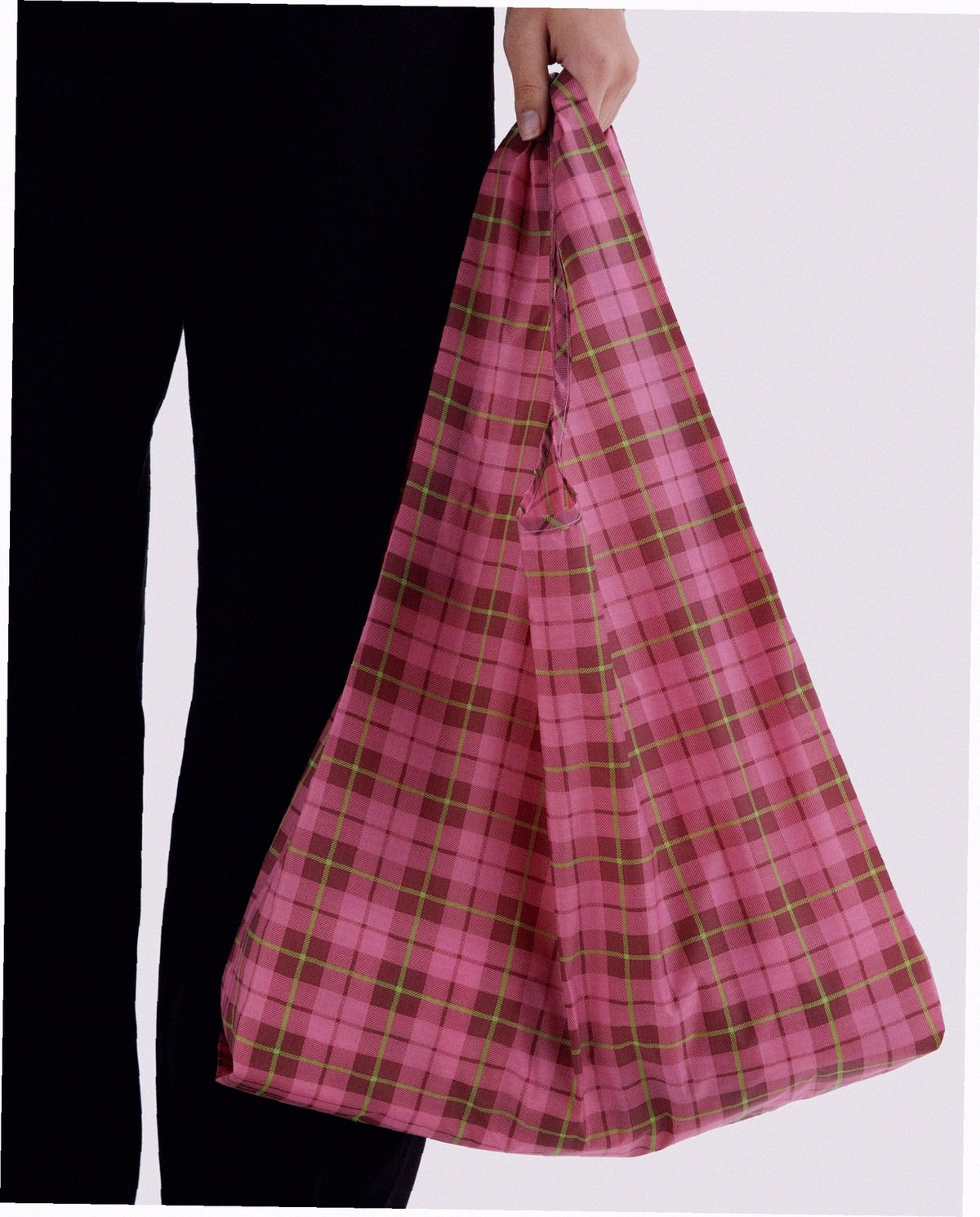 Reusable Nylon Baggu Tote Bag - Azalea Pink Tartan